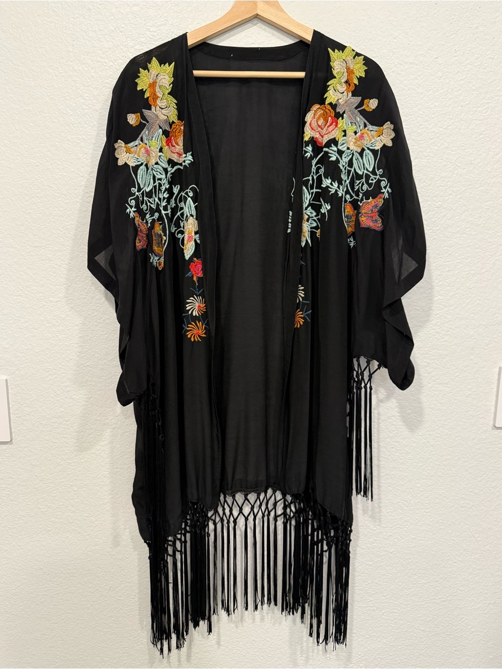 Johnny Was Black Embroidered Butterfly Floral Fringe Kimono
